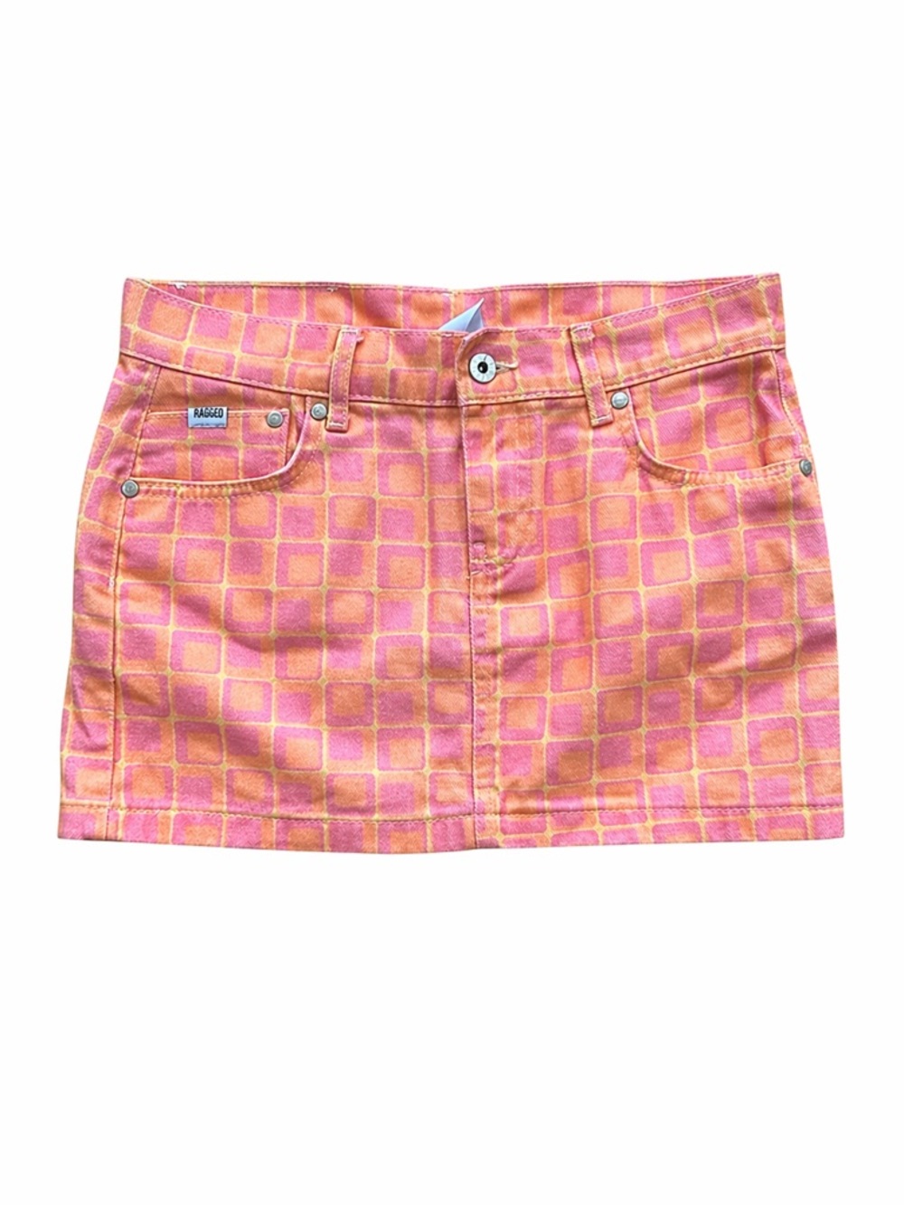 The Ragged Priest Doll Denim Mini Skirt Size 24 Pink Orange Square Print Y2K